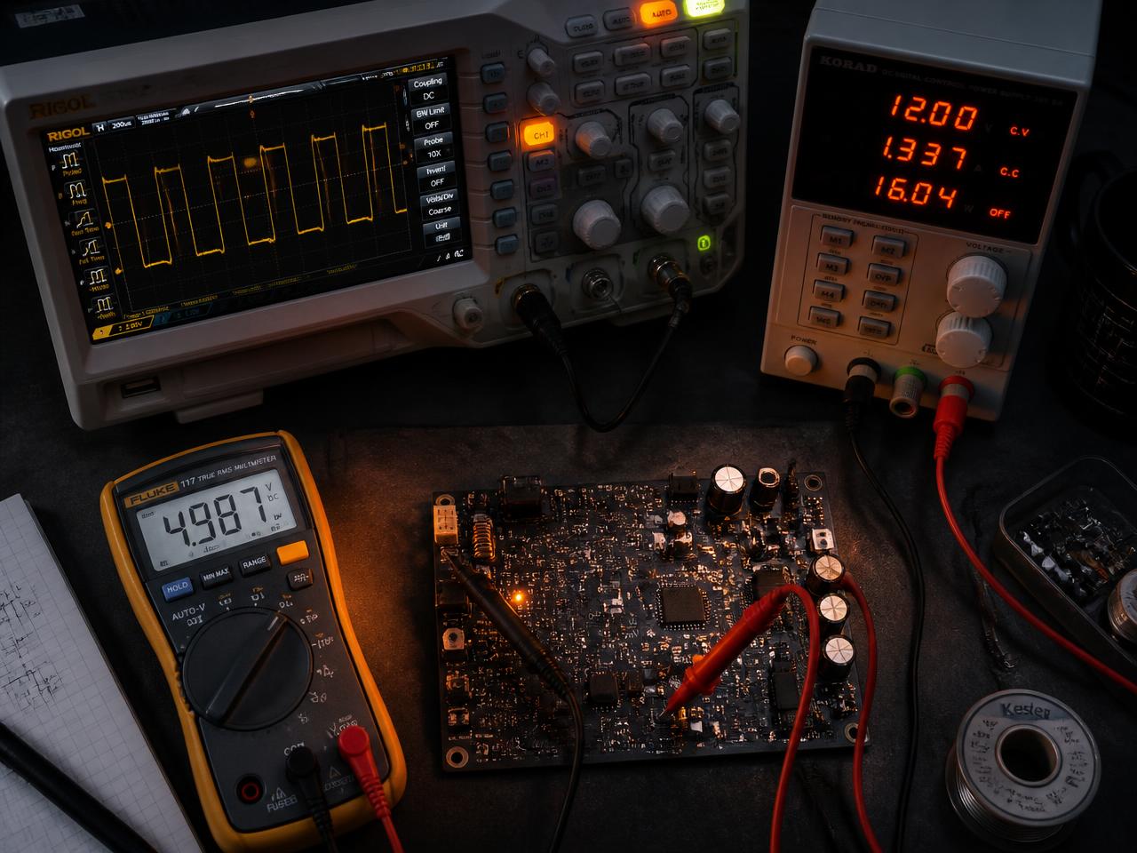 Oscilloscope, bench power supply, and multimeter probing a circuit board during diagnostics