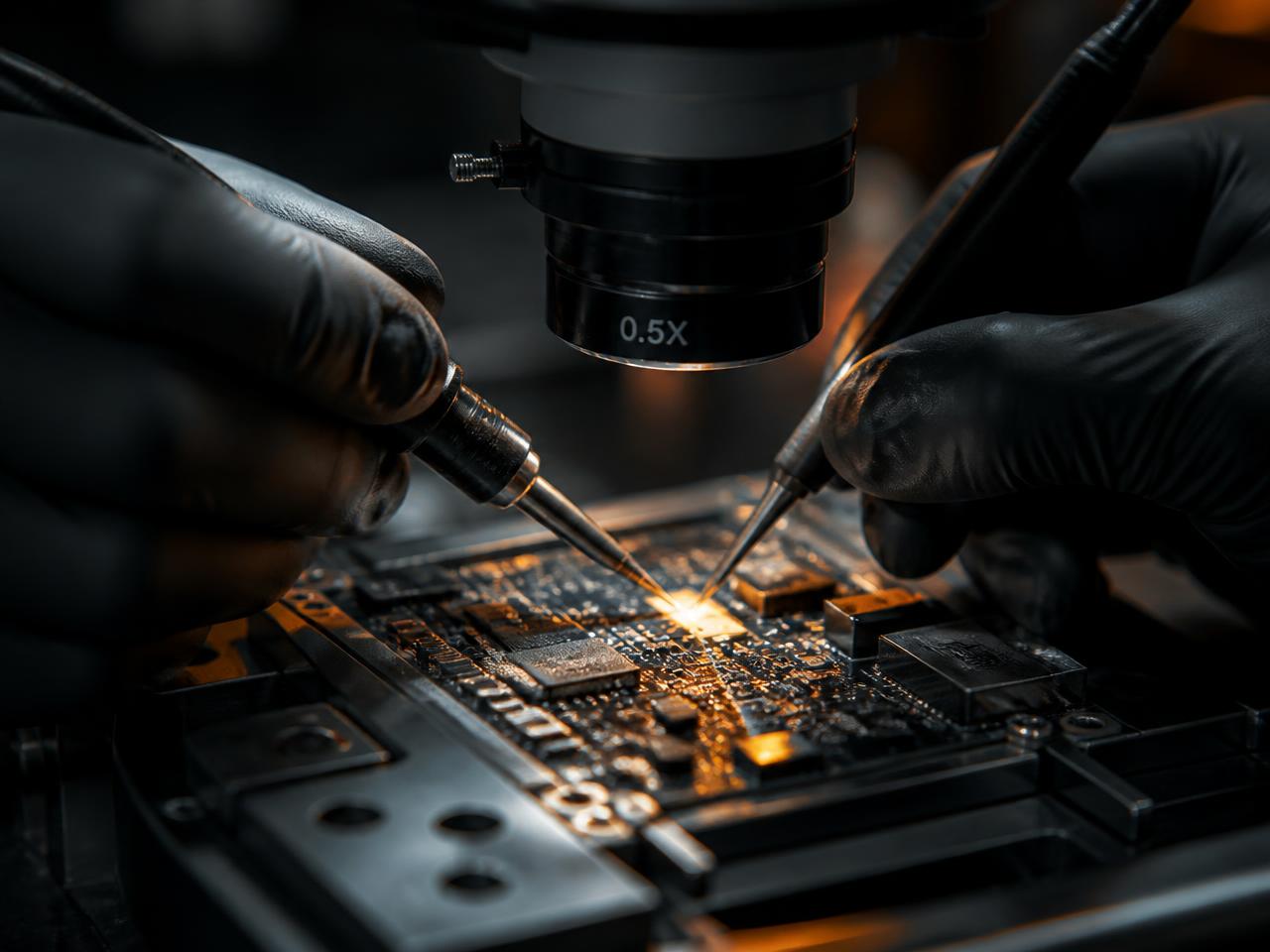 Technician micro soldering a fine-pitch component on a circuit board under a microscope